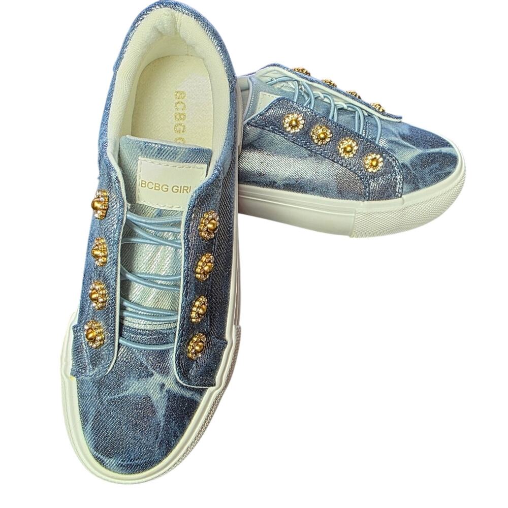 BCBG Girls Poppy Jeweled Denim Slip-On Sneakers | Size 2M | Rhinestone Floral
